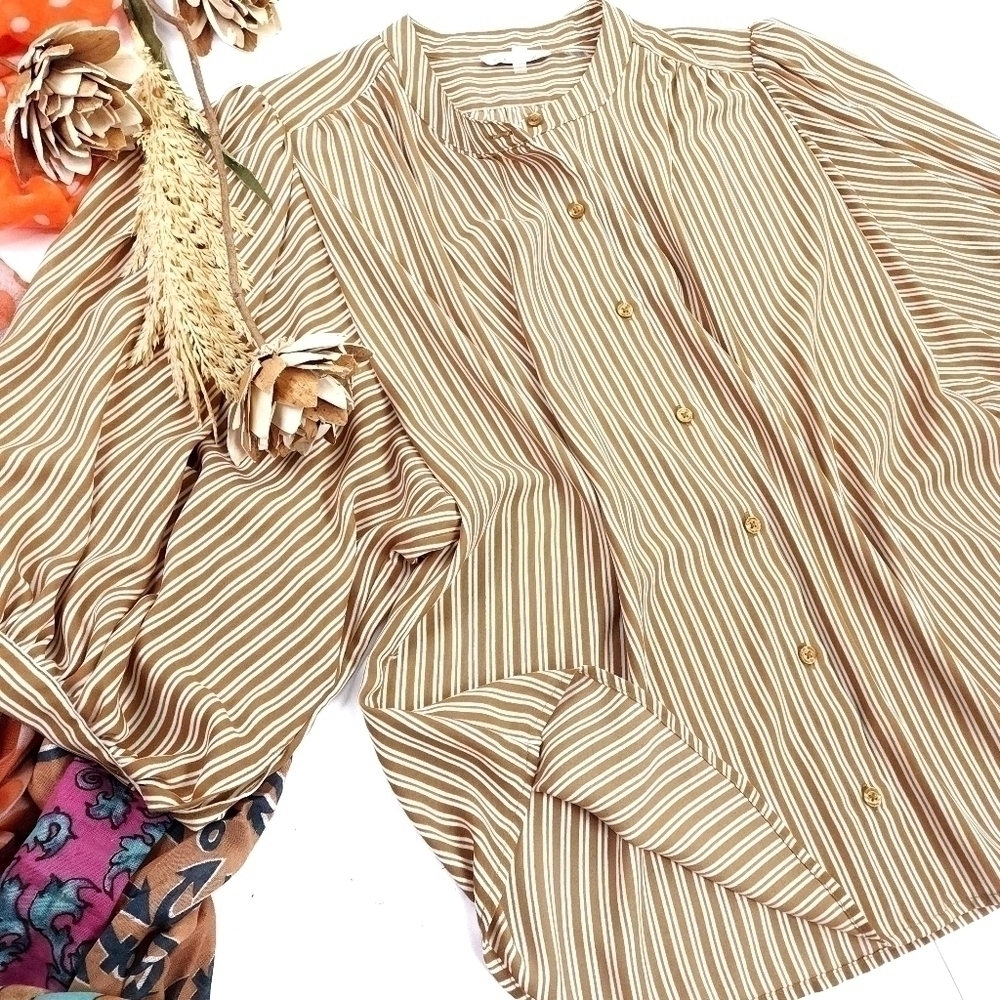 🔴 Calvin Klein Camel Tan Cream Striped Bubble Sleeve Top Sz M